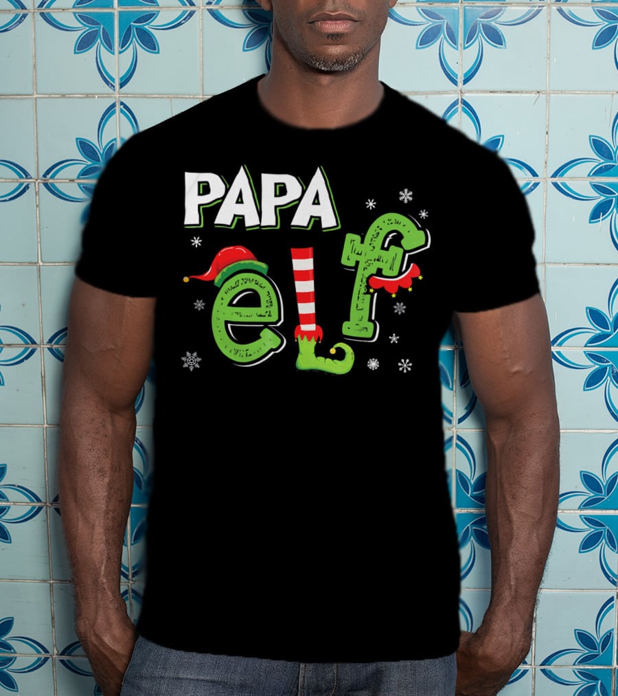 PAPA ELF Christmas Hat Stripes And Snowflakes T-Shirt