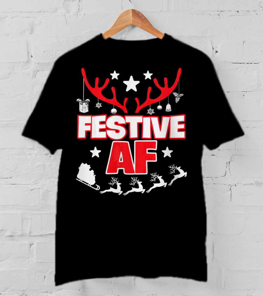 Festive AF Antlers Reindeer Stars Christmas Sled T-Shirt