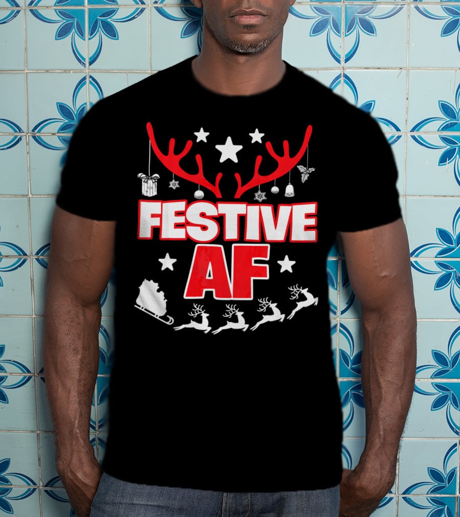 Festive AF Antlers Reindeer Stars Christmas Sled T-Shirt