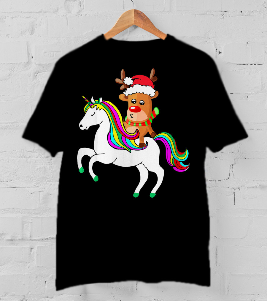 Reindeer In Santa Hat Riding Colorful-Maned Unicorn T-Shirt