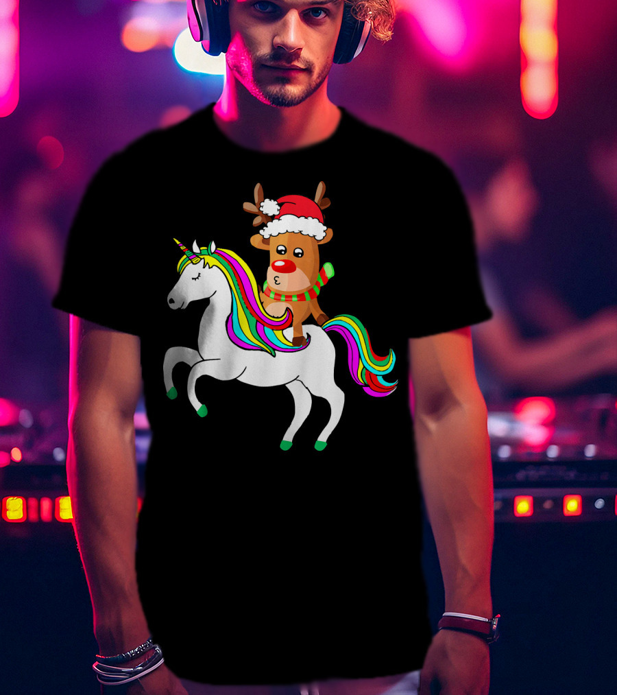 Reindeer In Santa Hat Riding Colorful-Maned Unicorn T-Shirt