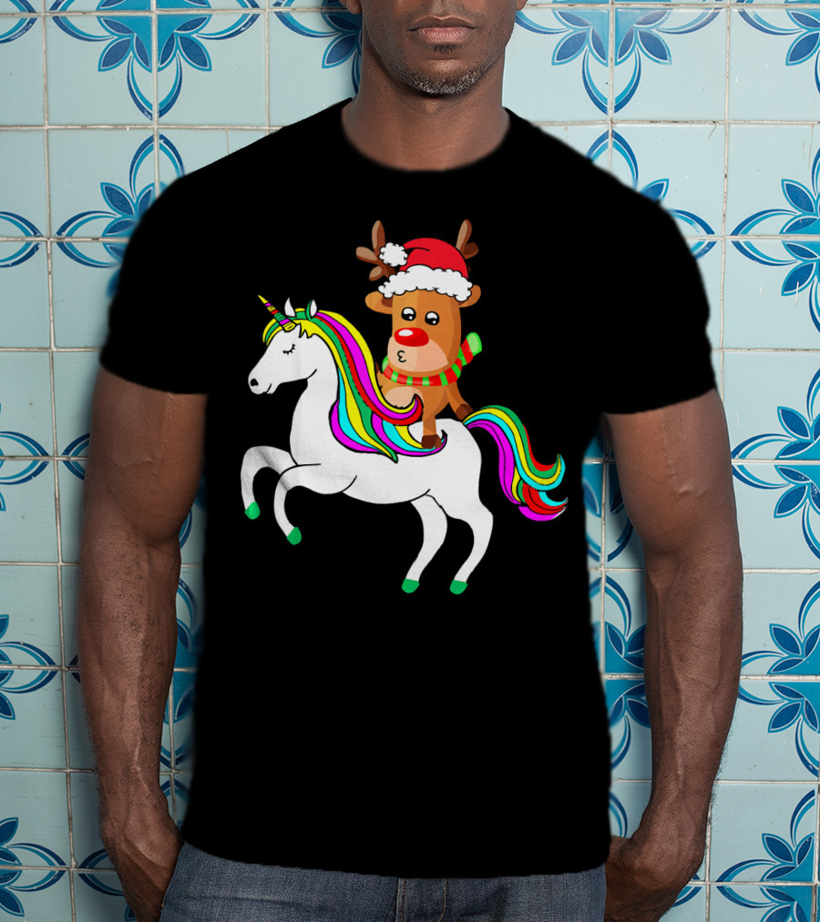 Reindeer In Santa Hat Riding Colorful-Maned Unicorn T-Shirt