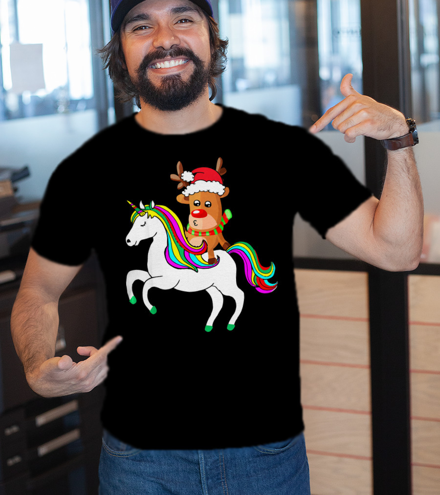 Reindeer In Santa Hat Riding Colorful-Maned Unicorn T-Shirt
