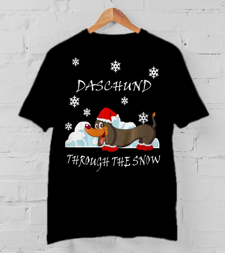 Daschund Through The Snow Santa Hat Snowflakes T-Shirt