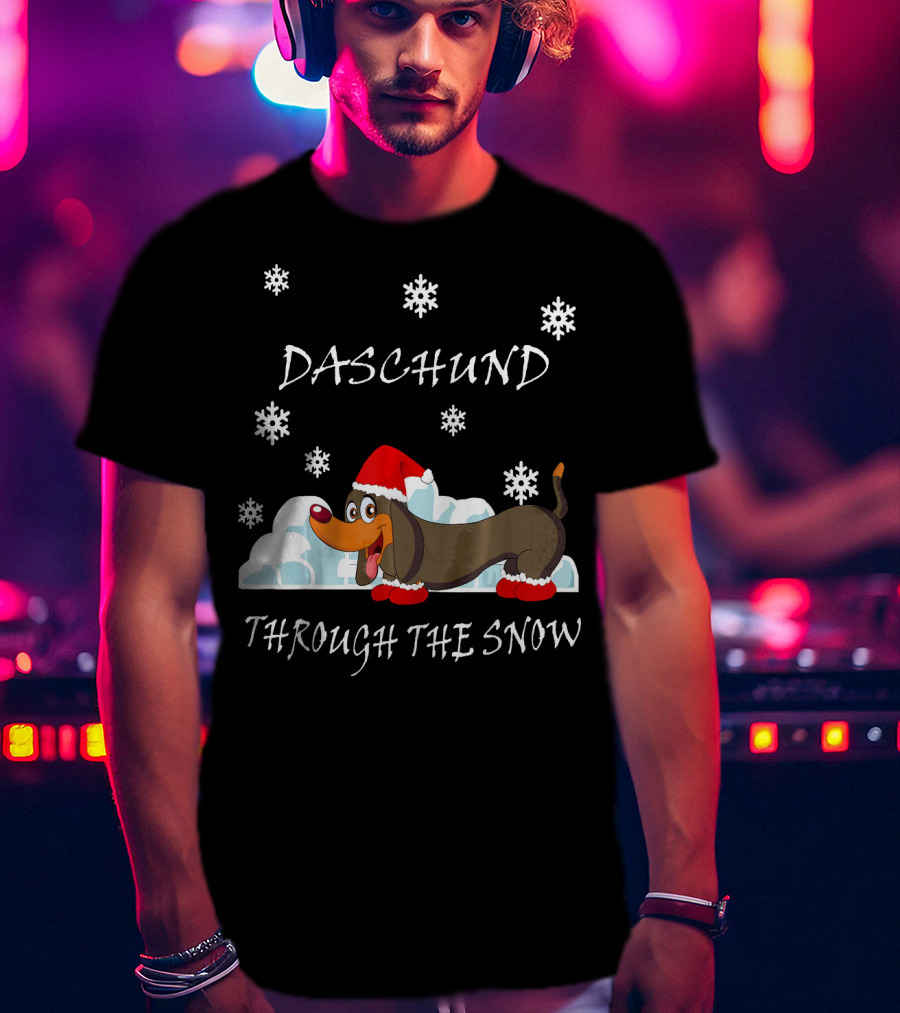 Daschund Through The Snow Santa Hat Snowflakes T-Shirt