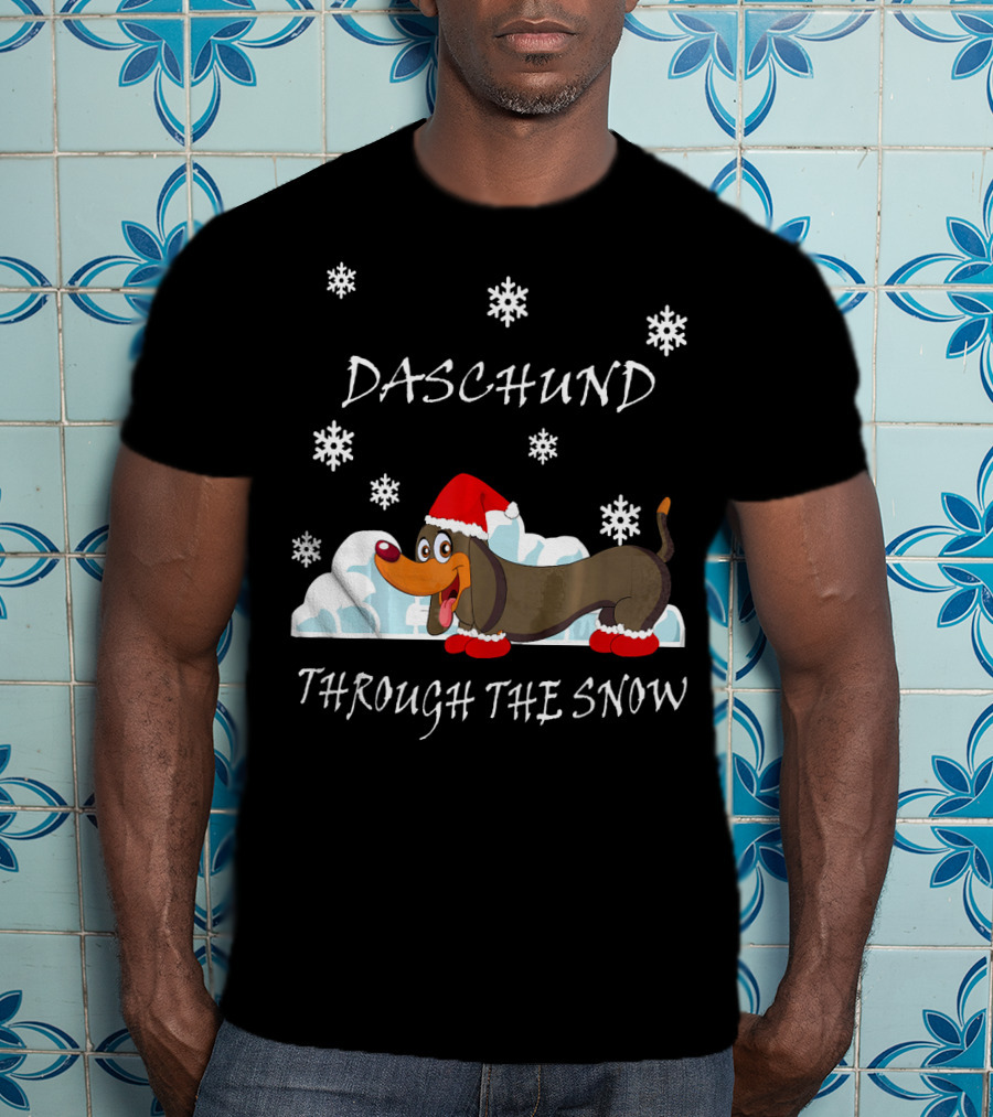 Daschund Through The Snow Santa Hat Snowflakes T-Shirt