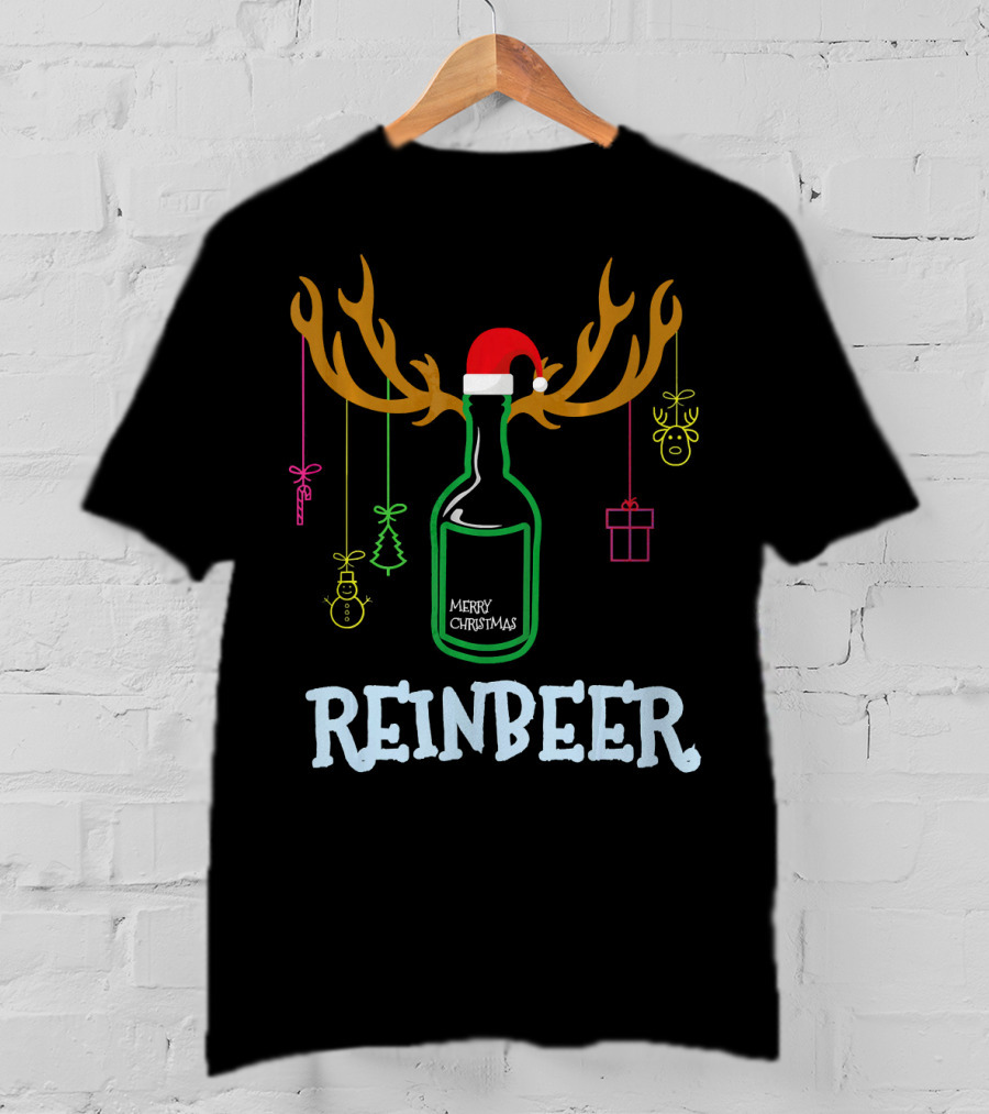 Reinbeer Merry Christmas Antler Bottle With Santa Hat And Hanging Decorations T-Shirt