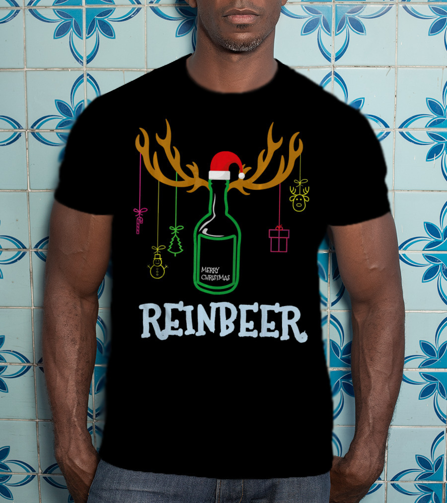 Reinbeer Merry Christmas Antler Bottle With Santa Hat And Hanging Decorations T-Shirt