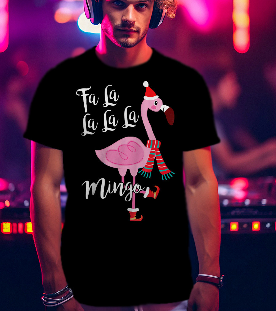Fa La La La La Mingo Santa Flamingo Scarf Holiday Winter T-Shirt