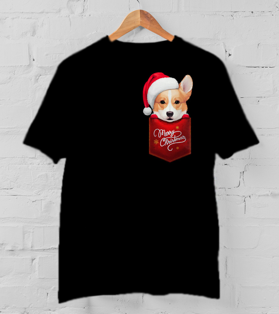 Merry Christmas Welsh Corgi In Santa Hat Pocket T-Shirt