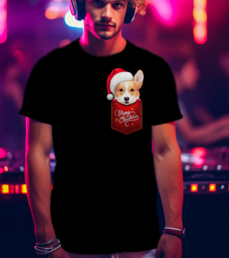 Merry Christmas Welsh Corgi In Santa Hat Pocket T-Shirt