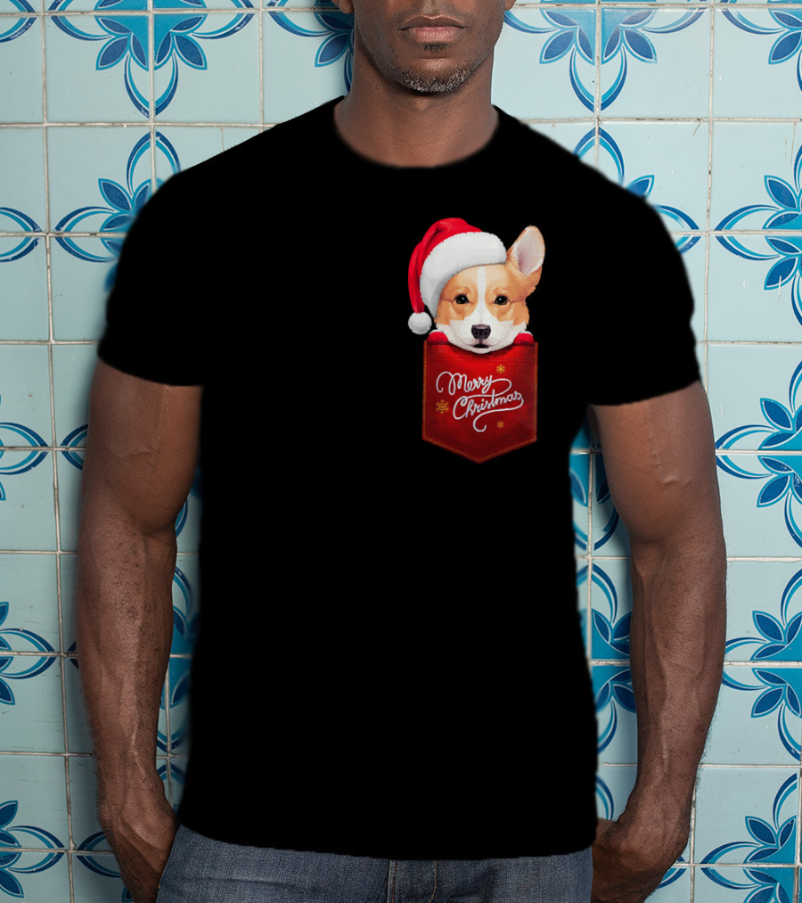 Merry Christmas Welsh Corgi In Santa Hat Pocket T-Shirt