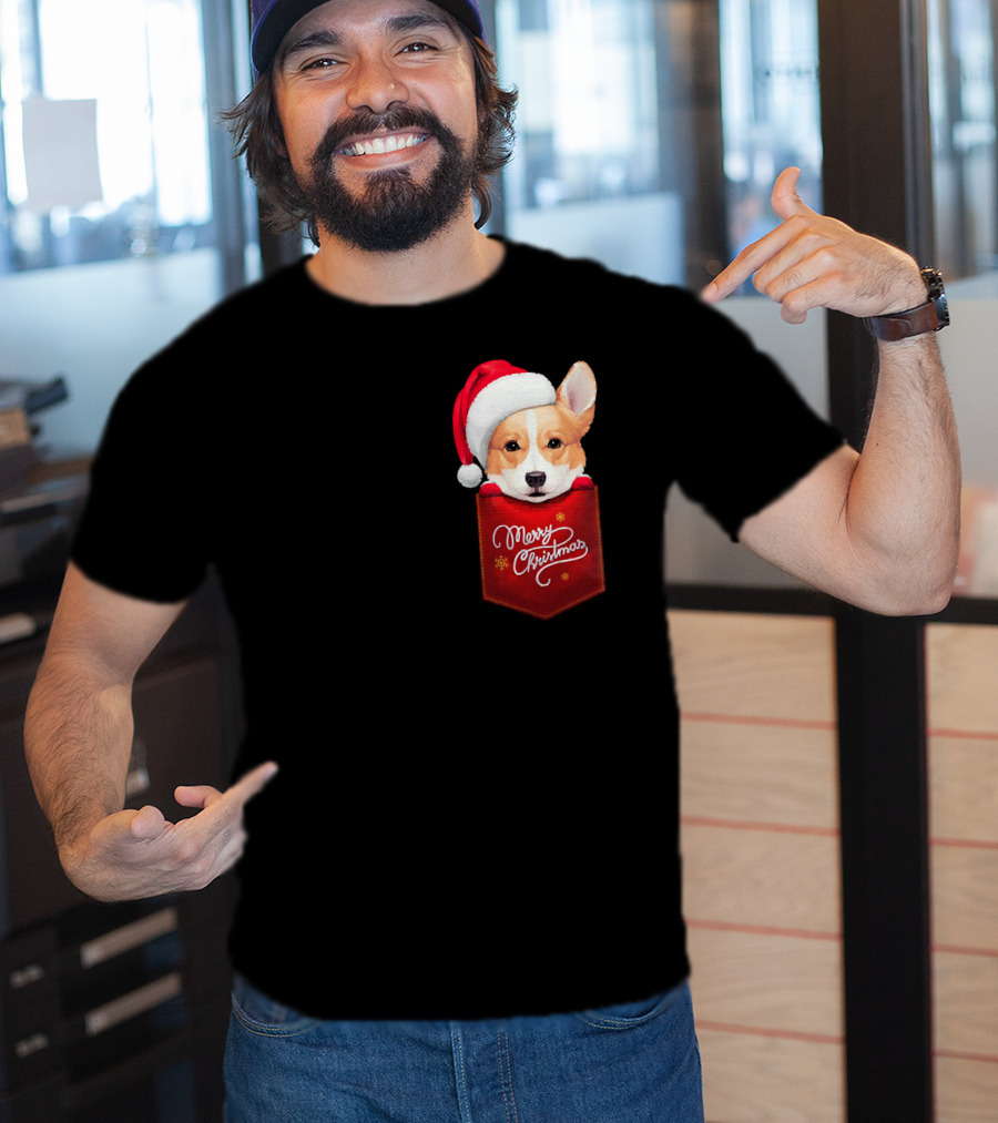Merry Christmas Welsh Corgi In Santa Hat Pocket T-Shirt