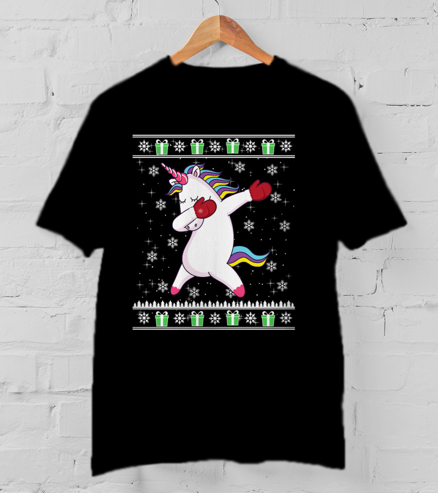 Dabbing Christmas Unicorn With Boxing Gloves Snowflakes And Gifts T-Shirt