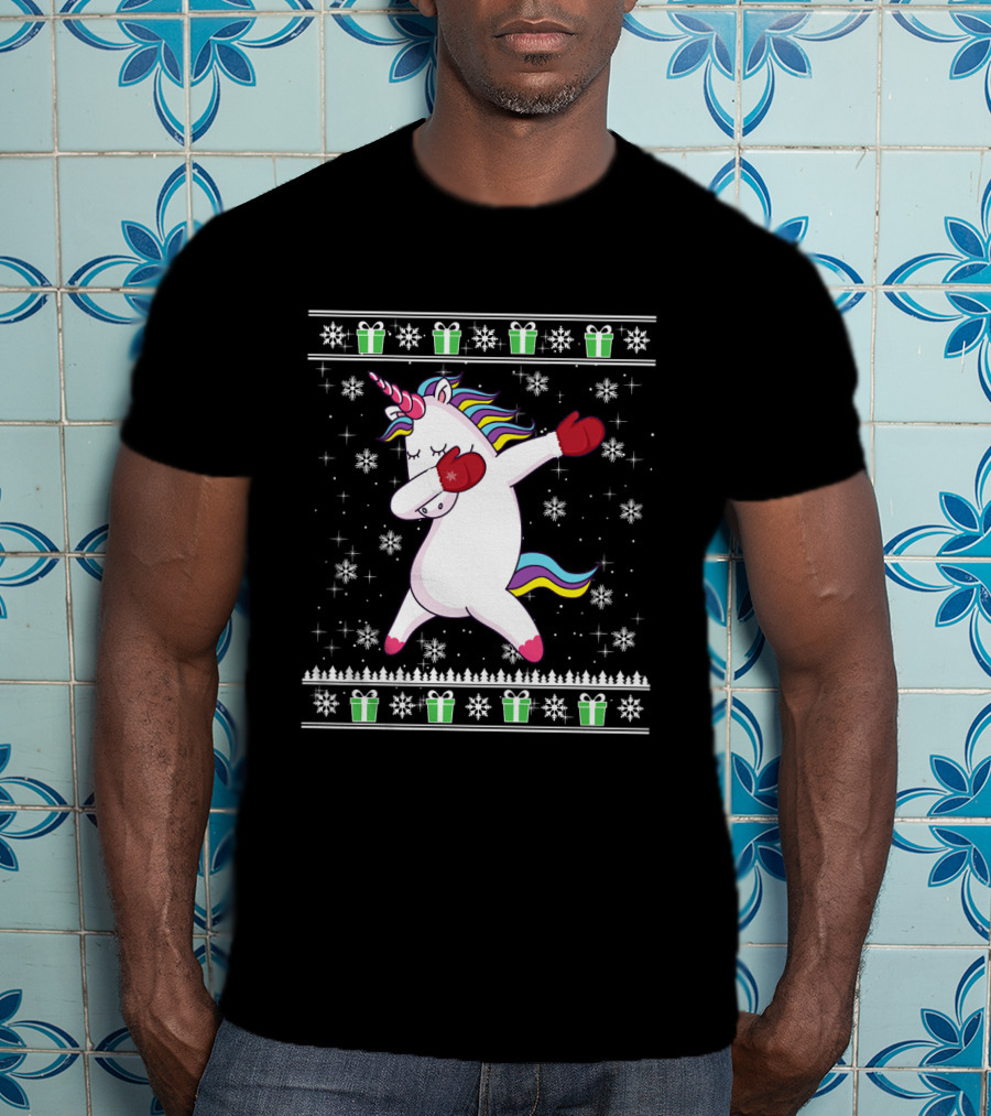 Dabbing Christmas Unicorn With Boxing Gloves Snowflakes And Gifts T-Shirt