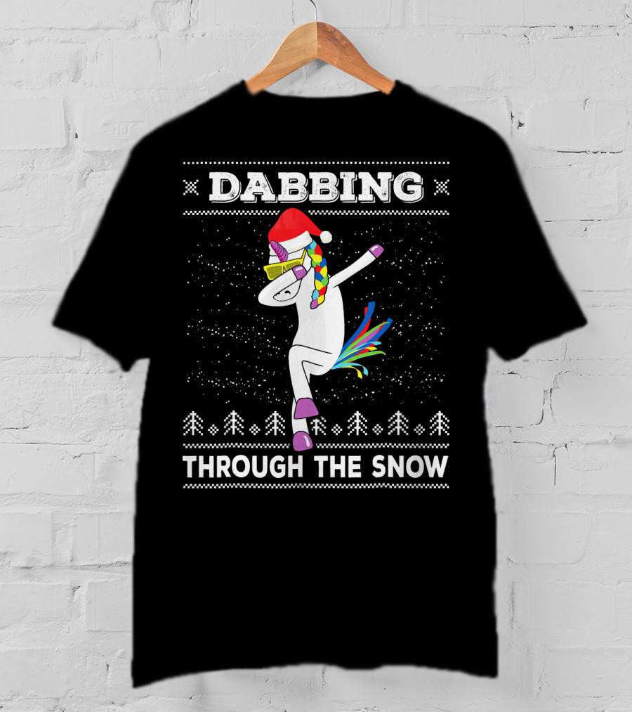 Dabbing Unicorn Through The Snow Santa Hat Christmas T-Shirt