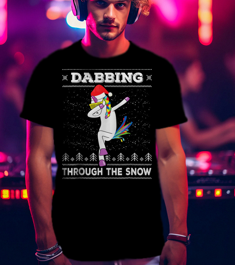 Dabbing Unicorn Through The Snow Santa Hat Christmas T-Shirt