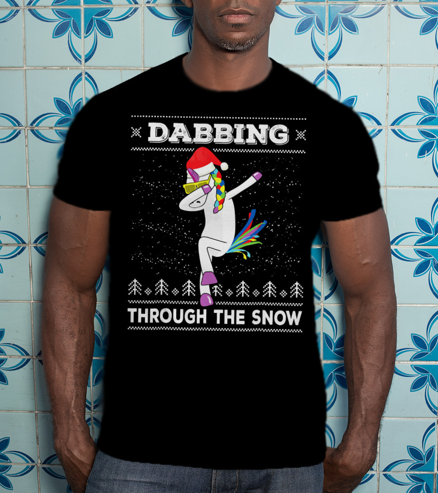 Dabbing Unicorn Through The Snow Santa Hat Christmas T-Shirt