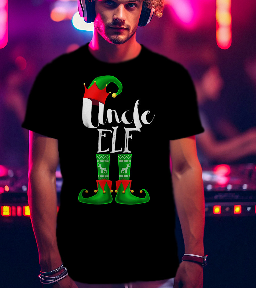 Uncle Elf Christmas Outfit With Santa Hat And Festive Green Boots T-Shirt