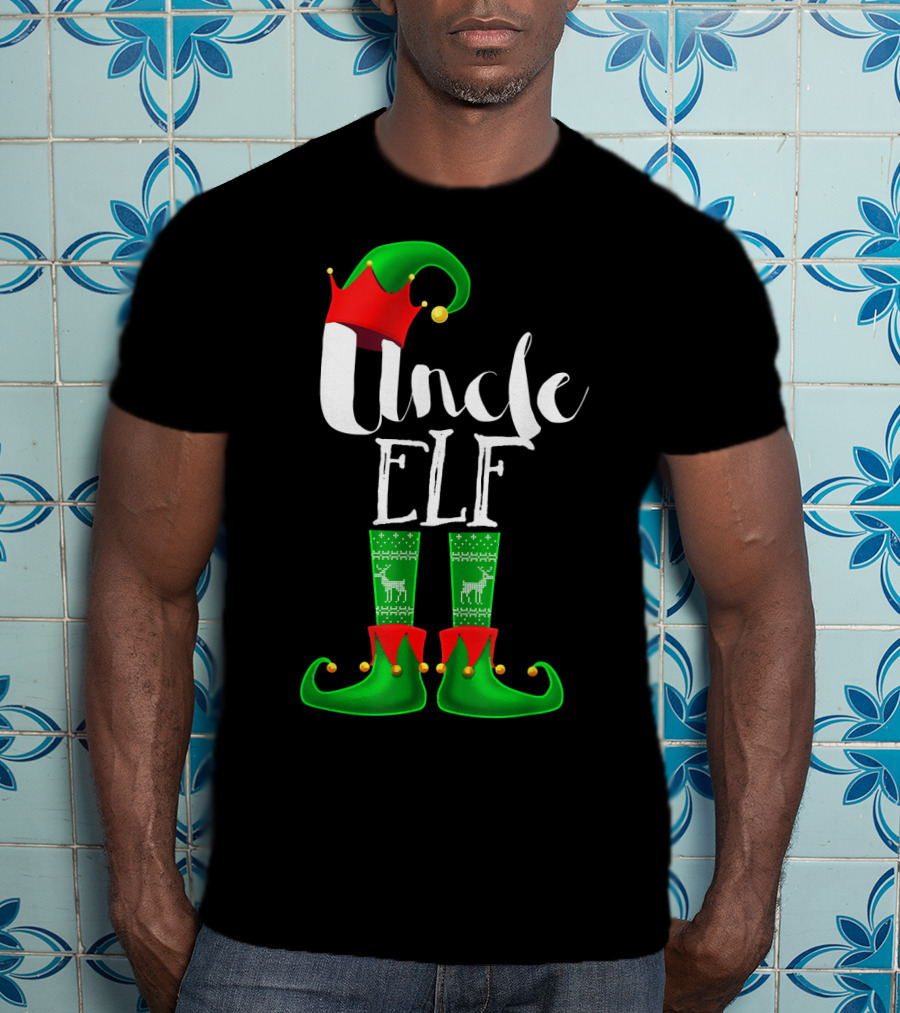 Uncle Elf Christmas Outfit With Santa Hat And Festive Green Boots T-Shirt