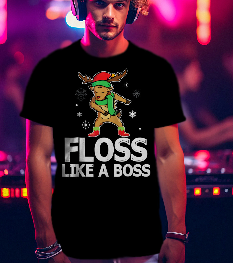 Reindeer ELF Costume Floss Like A Boss Snowflakes Christmas Dance T-Shirt
