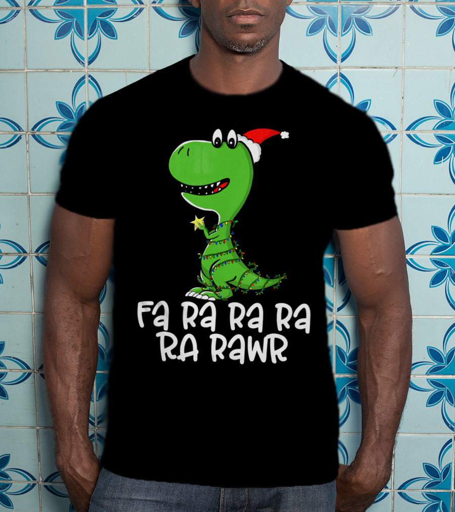 Fa Ra Ra Ra Rawr Dinosaur Christmas Lights Santa Hat T-Shirt