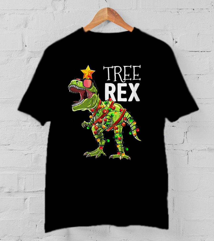 Tree Rex Dinosaur With Christmas Lights And Star T-Shirt