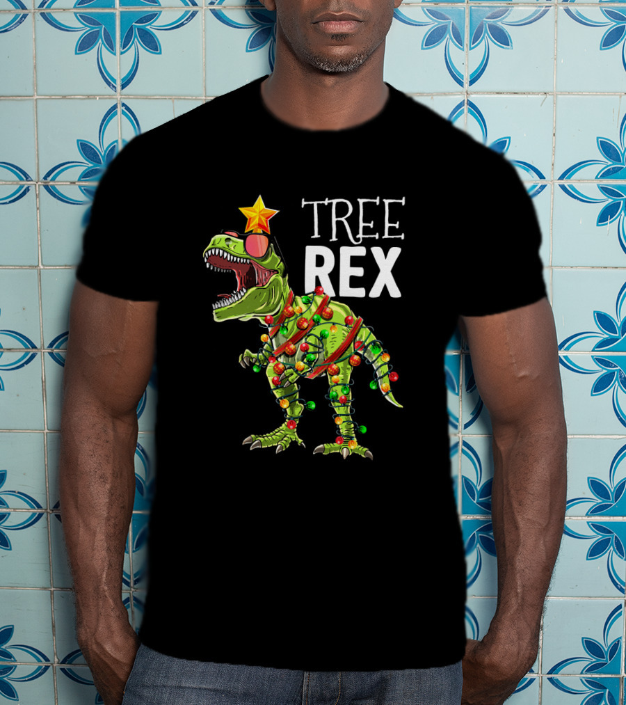 Tree Rex Dinosaur With Christmas Lights And Star T-Shirt