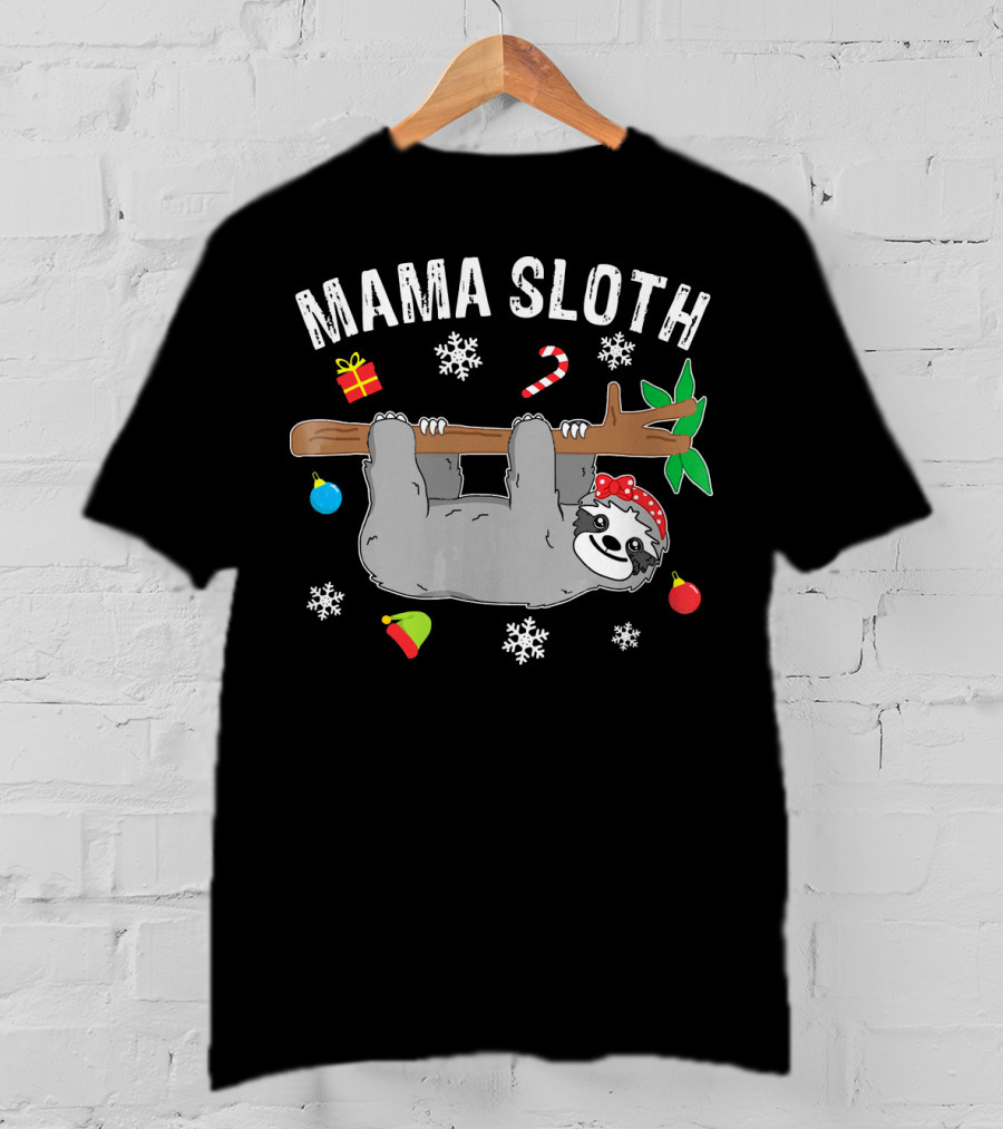 Mama Sloth Christmas Snowflakes Candy Cane Hanging T-Shirt