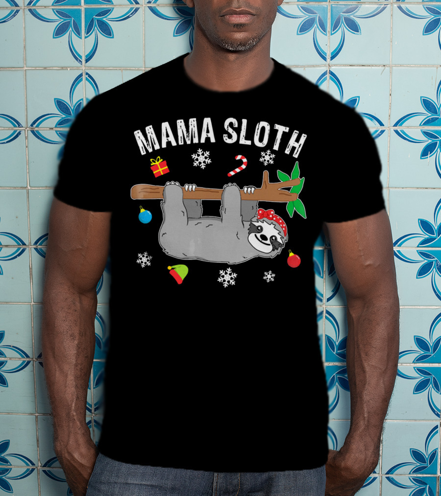 Mama Sloth Christmas Snowflakes Candy Cane Hanging T-Shirt
