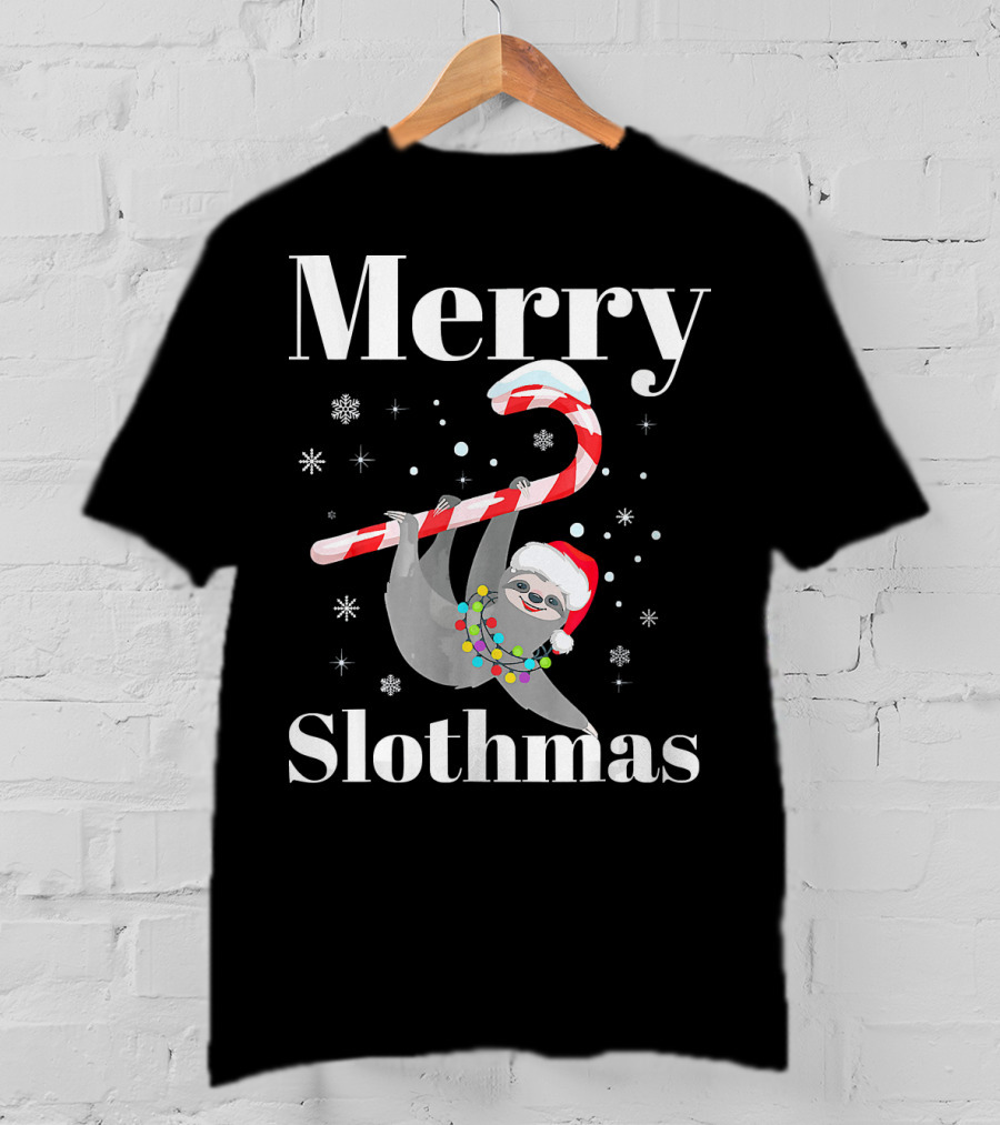 Merry Slothmas Christmas Sloths Candy Cane Santa Hat Snowflakes T-Shirt