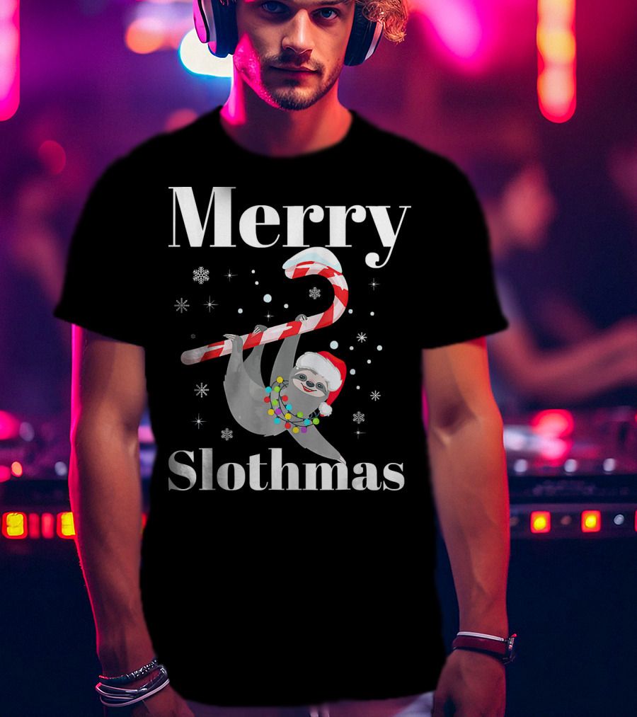 Merry Slothmas Christmas Sloths Candy Cane Santa Hat Snowflakes T-Shirt