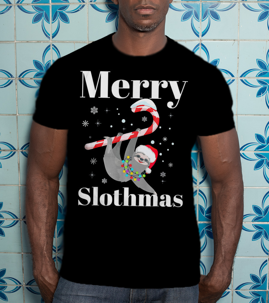 Merry Slothmas Christmas Sloths Candy Cane Santa Hat Snowflakes T-Shirt