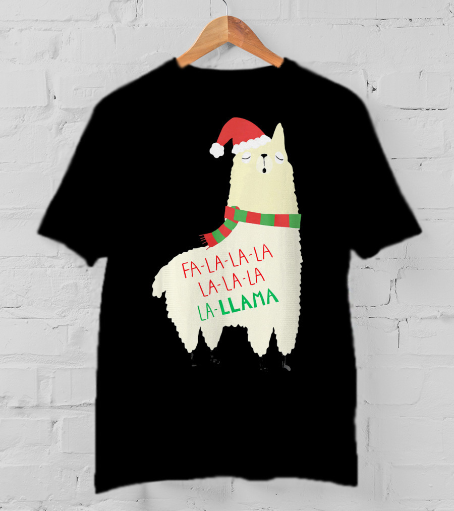 Fa La La La Llama Holiday Llama In Santa Hat And Scarf T-Shirt