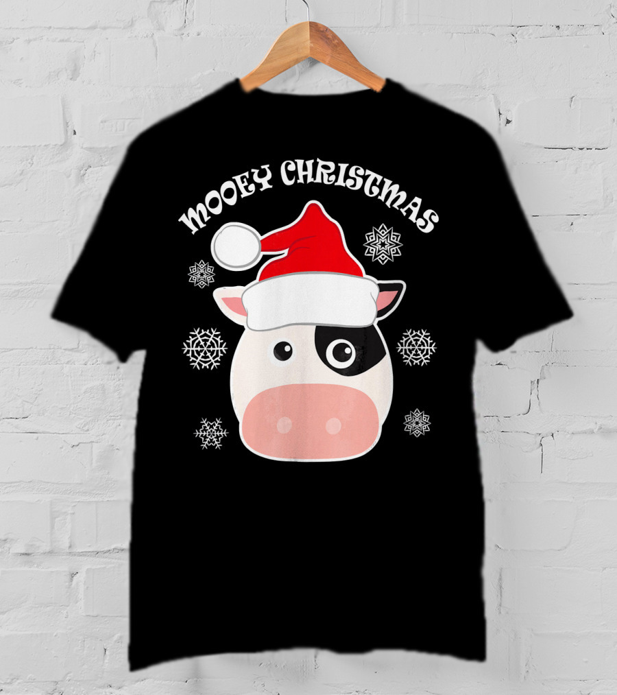 Mooey Christmas Cow Santa Hat Snowflakes T-Shirt
