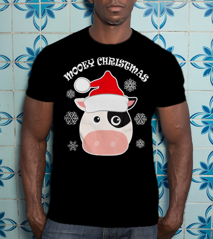 Mooey Christmas Cow Santa Hat Snowflakes T-Shirt