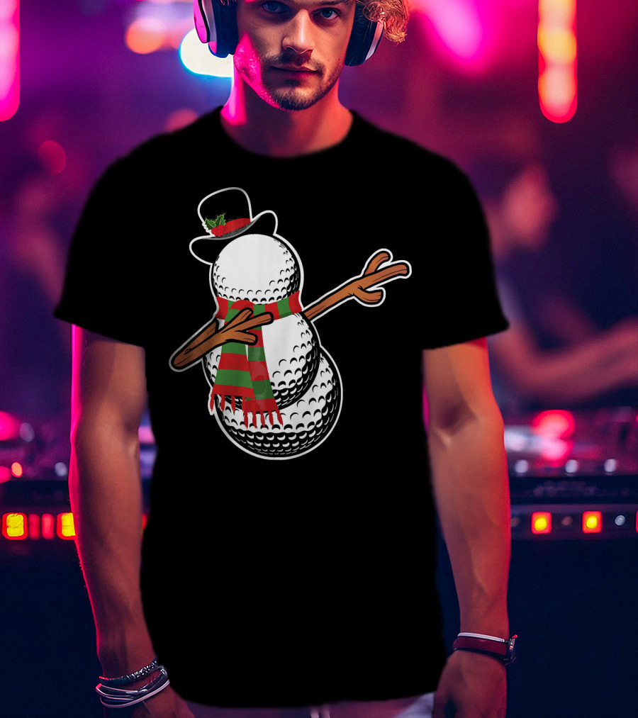 Dabbing Golf Snowman Christmas Hat And Scarf T-Shirt
