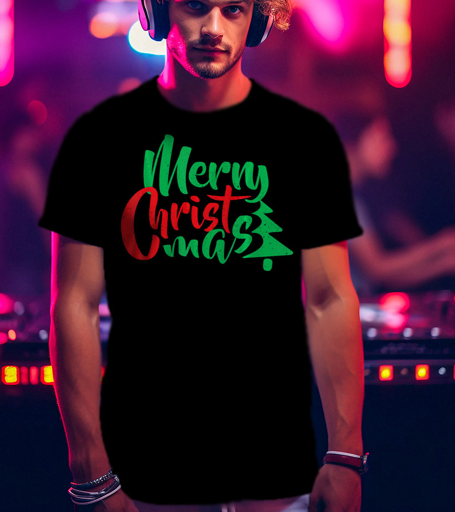 Merry Christmas Tree Design In Festive Red And Green T-Shirt