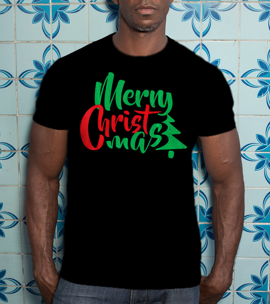 Merry Christmas Tree Design In Festive Red And Green T-Shirt