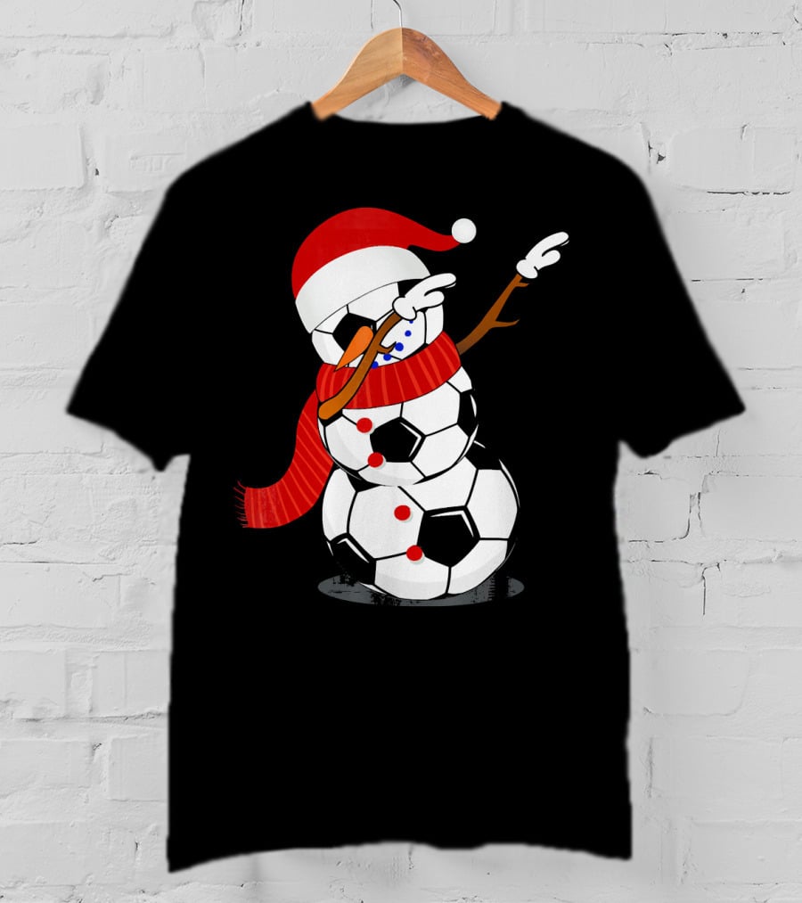 Festive Soccer Ball Dabbing Snowman With Santa Hat And Scarf T-Shirt