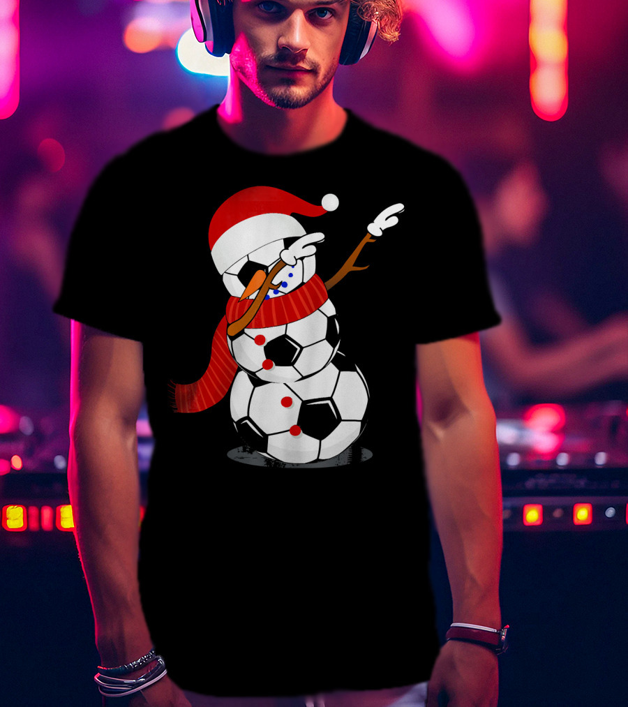 Festive Soccer Ball Dabbing Snowman With Santa Hat And Scarf T-Shirt
