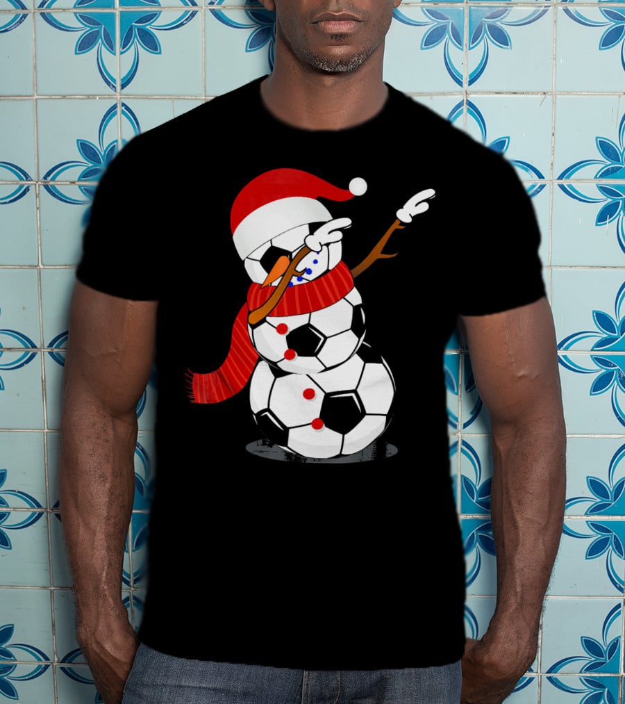 Festive Soccer Ball Dabbing Snowman With Santa Hat And Scarf T-Shirt