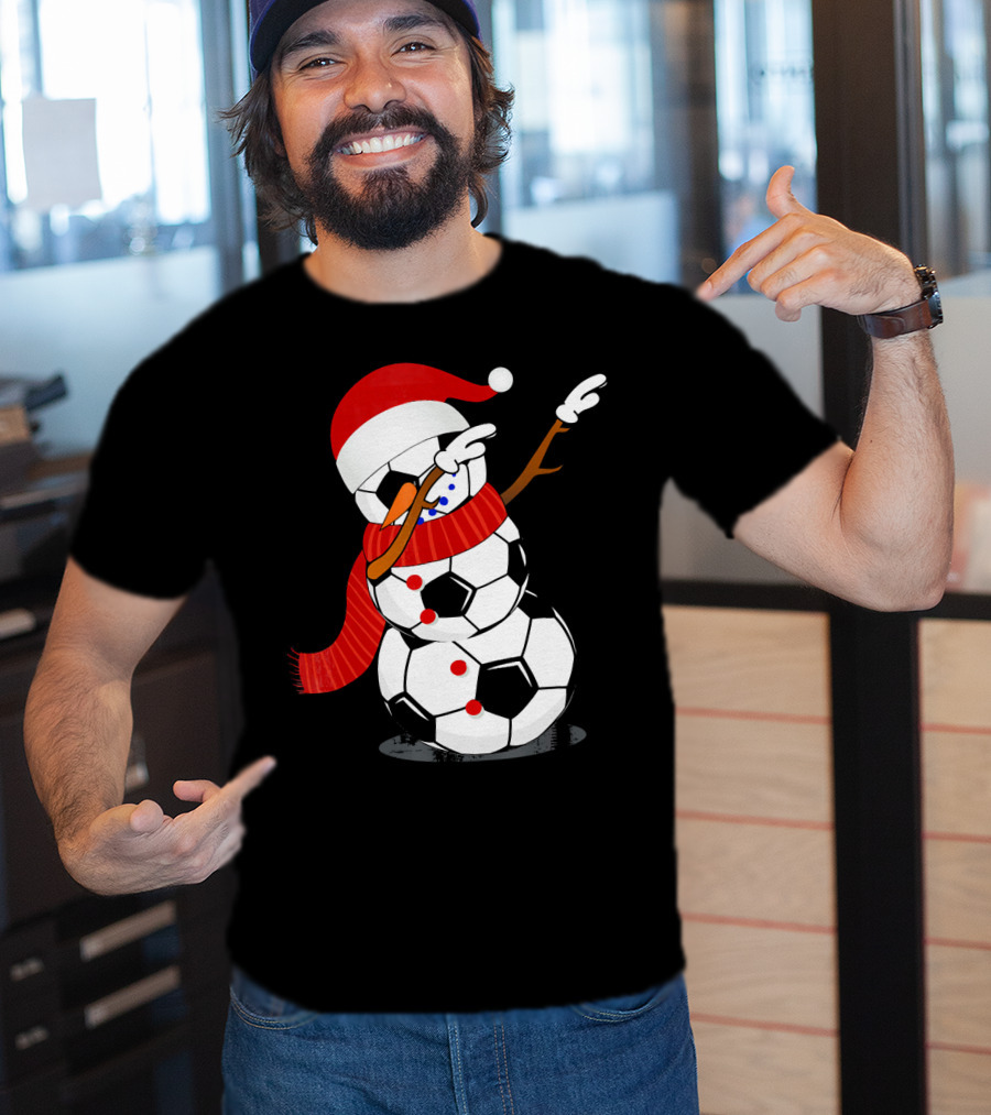 Festive Soccer Ball Dabbing Snowman With Santa Hat And Scarf T-Shirt