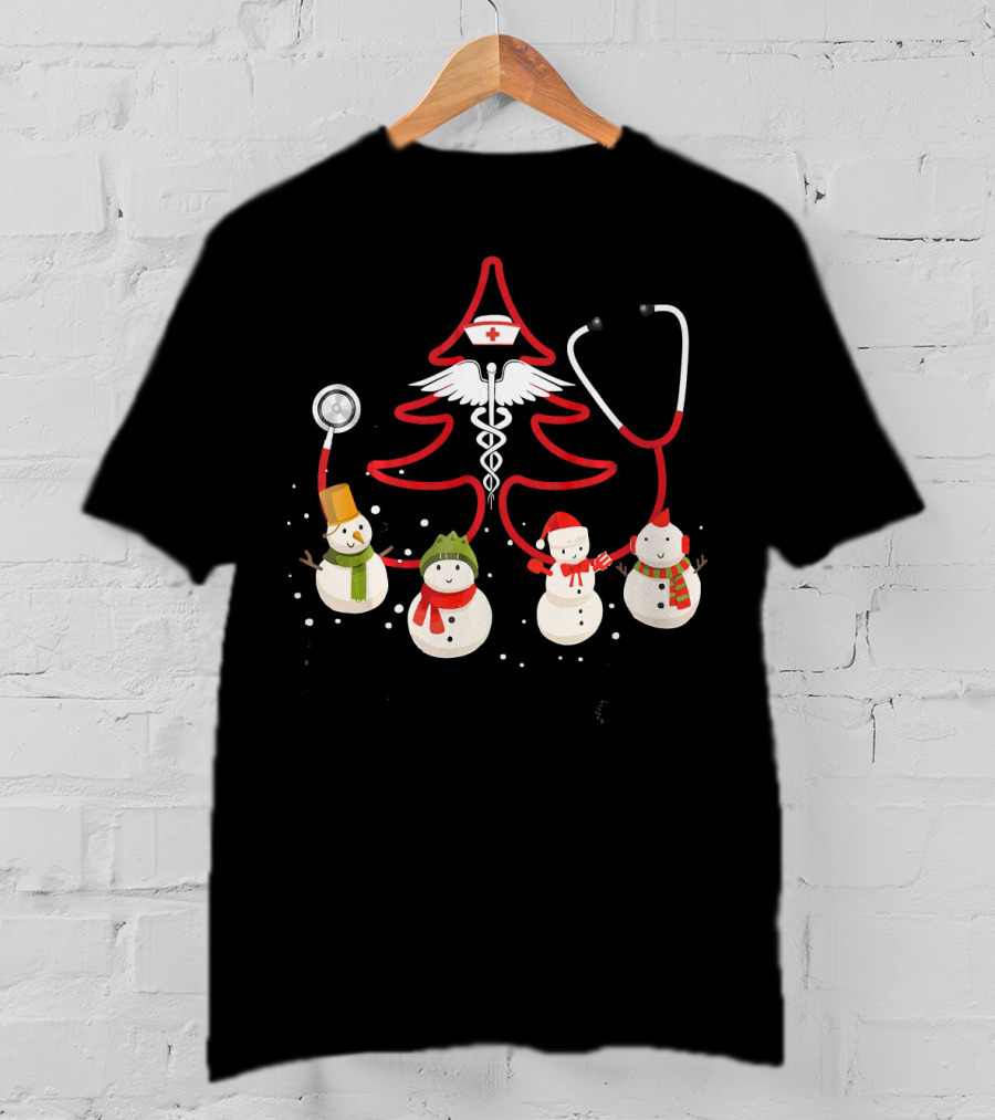 Nurse Christmas Costume Funny Chris Snowmen Stethoscope Tree T-Shirt