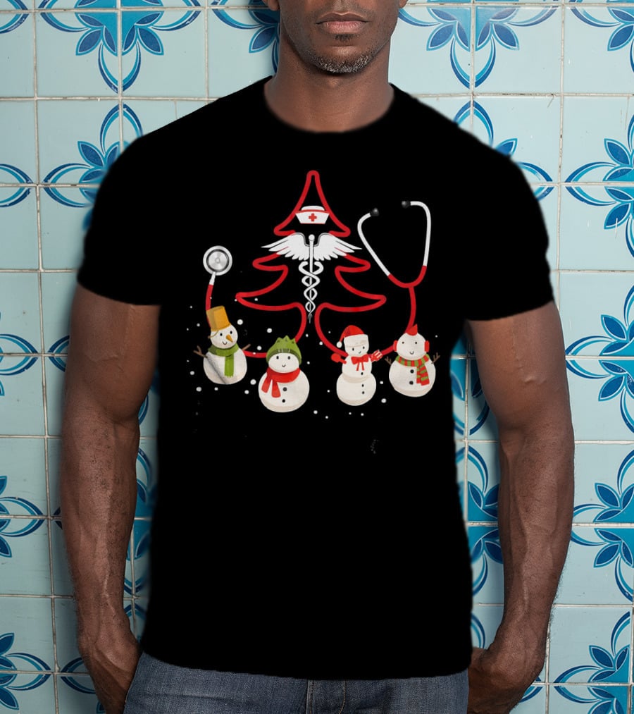 Nurse Christmas Costume Funny Chris Snowmen Stethoscope Tree T-Shirt