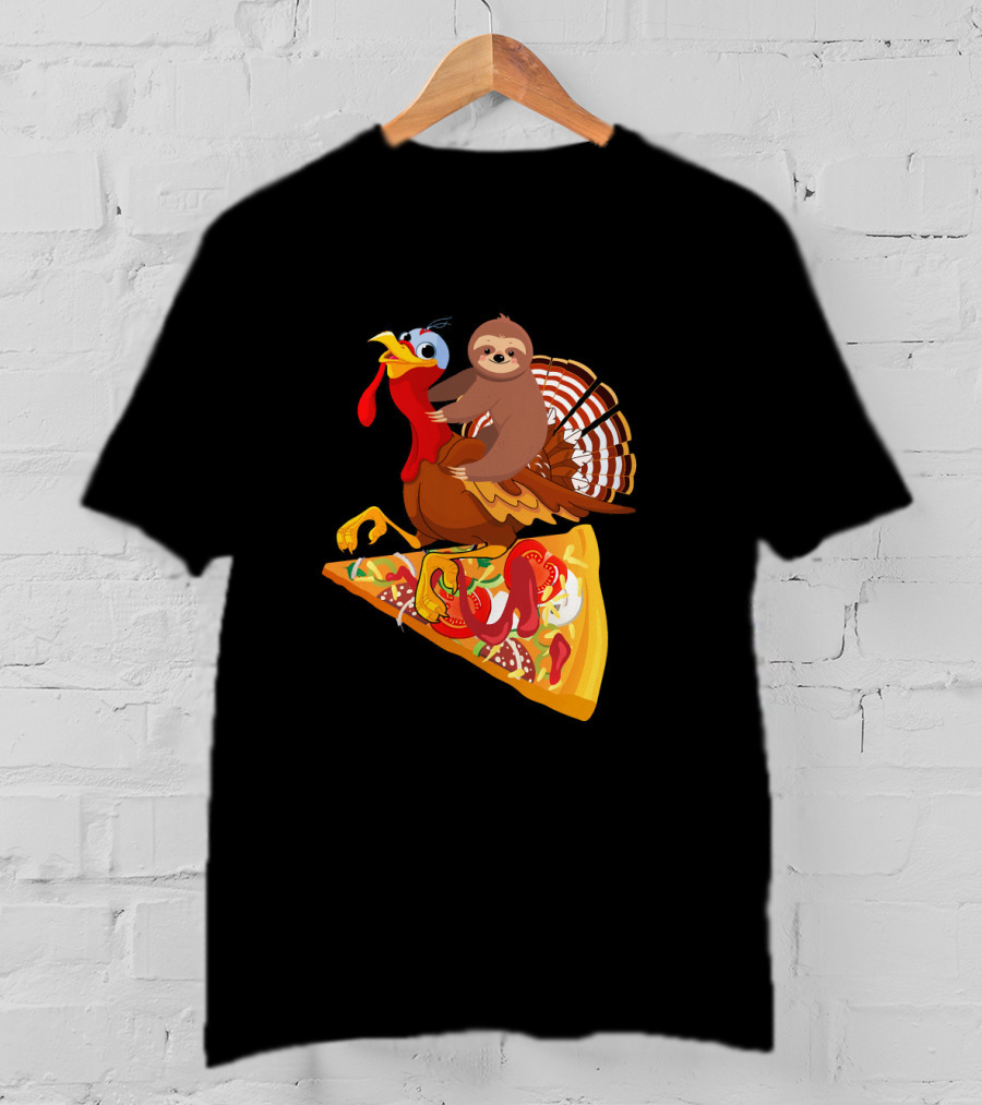Sloth Riding Turkey On Pizza Slice Surreal Fun T-Shirt