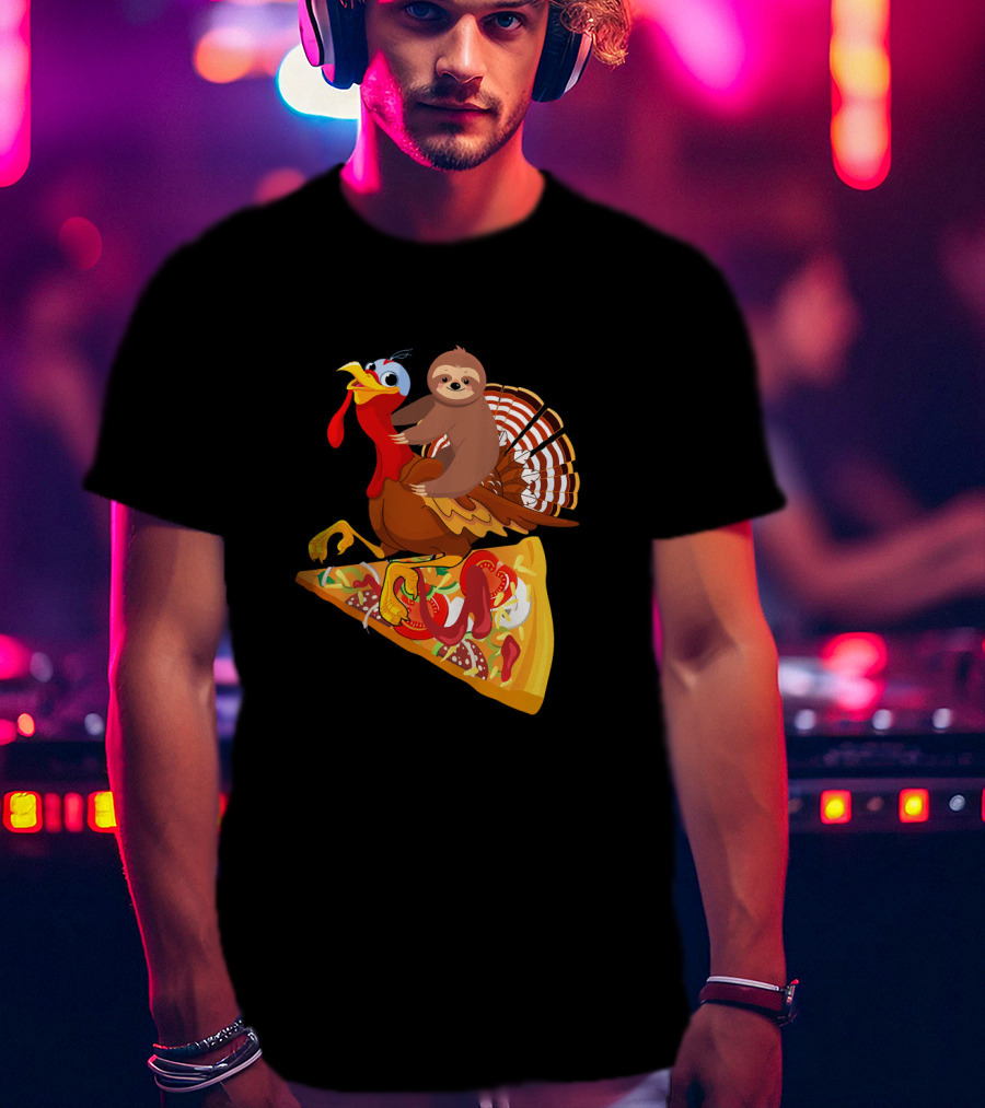 Sloth Riding Turkey On Pizza Slice Surreal Fun T-Shirt