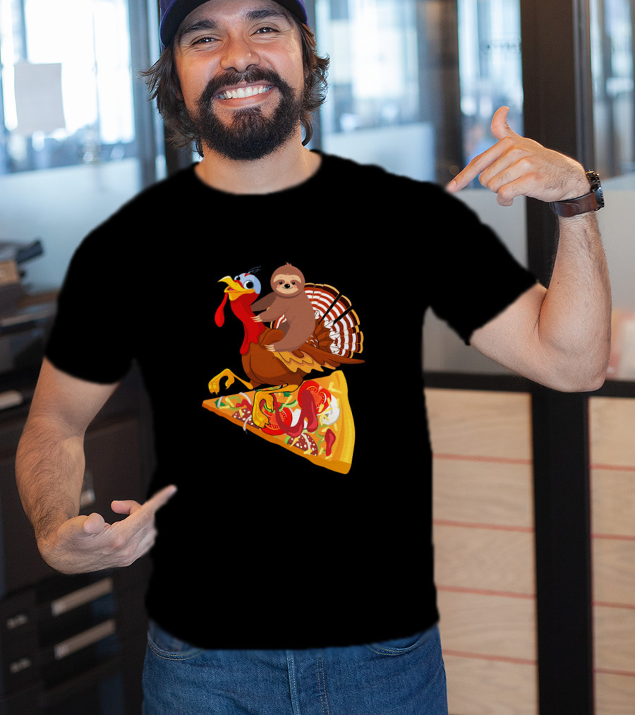 Sloth Riding Turkey On Pizza Slice Surreal Fun T-Shirt