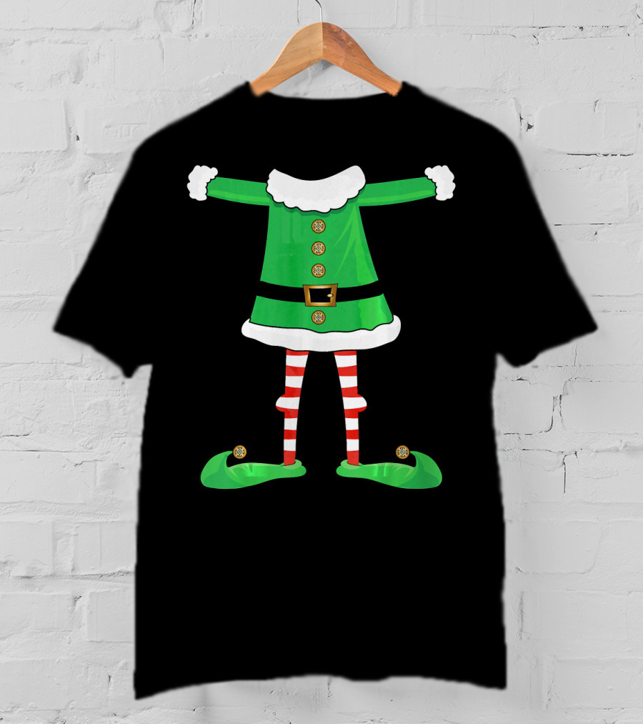 Santa Elf Suit Green Costume With Red Striped Tights And Green Shoes T-Shirt