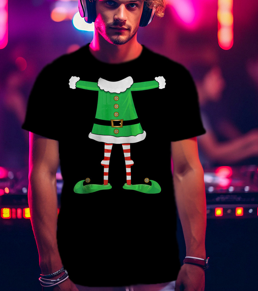 Santa Elf Suit Green Costume With Red Striped Tights And Green Shoes T-Shirt